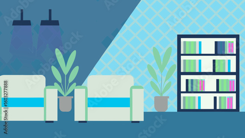 Interior design living room furniture chairs plants bookshelf lighting home decor modern style illustration