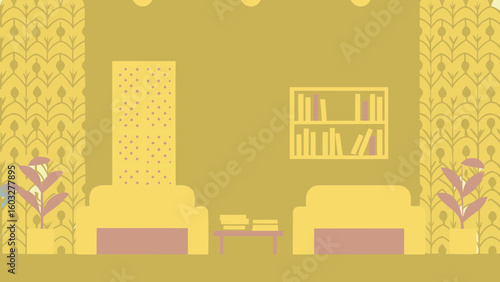 Illustration of living room interior design with furniture, bookshelf and plants in yellow color scheme design