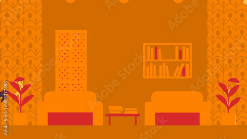 Interior design living room orange themed furniture bookshelf plants curtains home decor illustration art