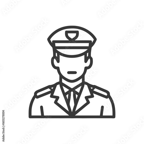 Uniformed Officer Line Icon with Cap and Tie, Professional Avatar for Service