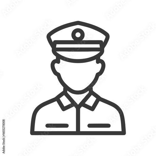Minimalist Line Art Icon of Uniformed Officer with Peaked Cap and Emblem on White Background