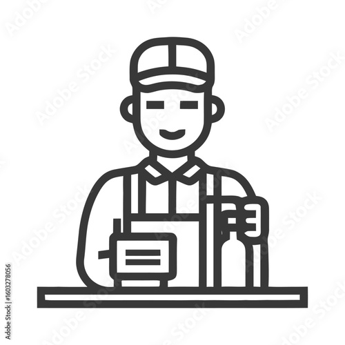 Smiling Service Worker Icon with Bottle and Terminal, Minimal Line Art Style