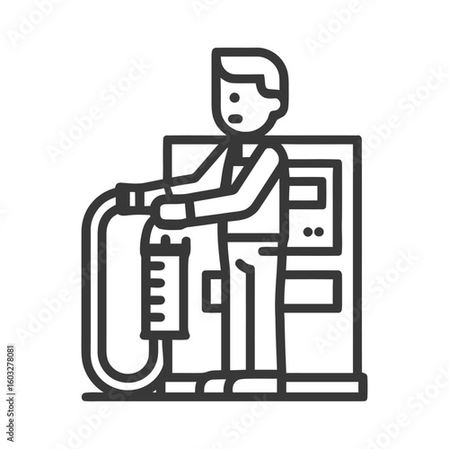 Minimalist Line Art Icon of Man Pumping Fuel at Gas Station