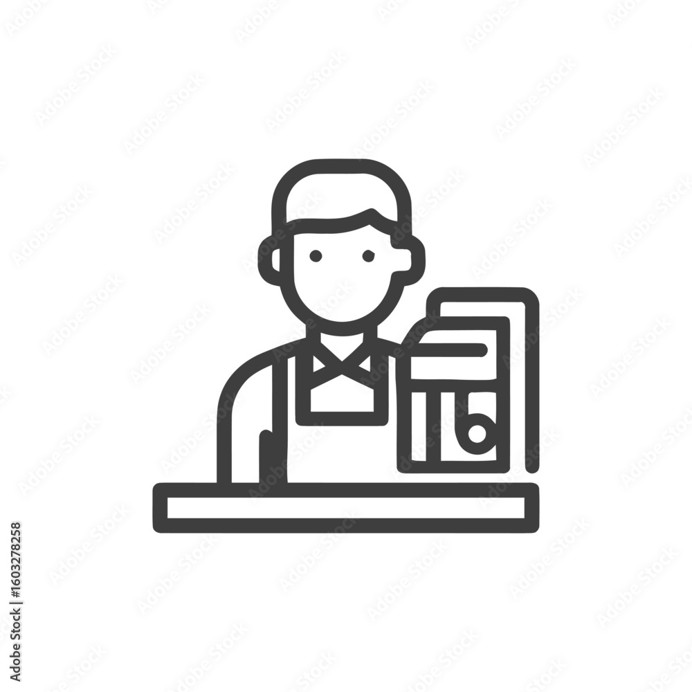 Modern Line Icon of a Retail Cashier with Cash Register and Counter, Simple Outline Style Modern Line Icon of a Retail Cashier with Cash Register and Counter, Simple Outline Style