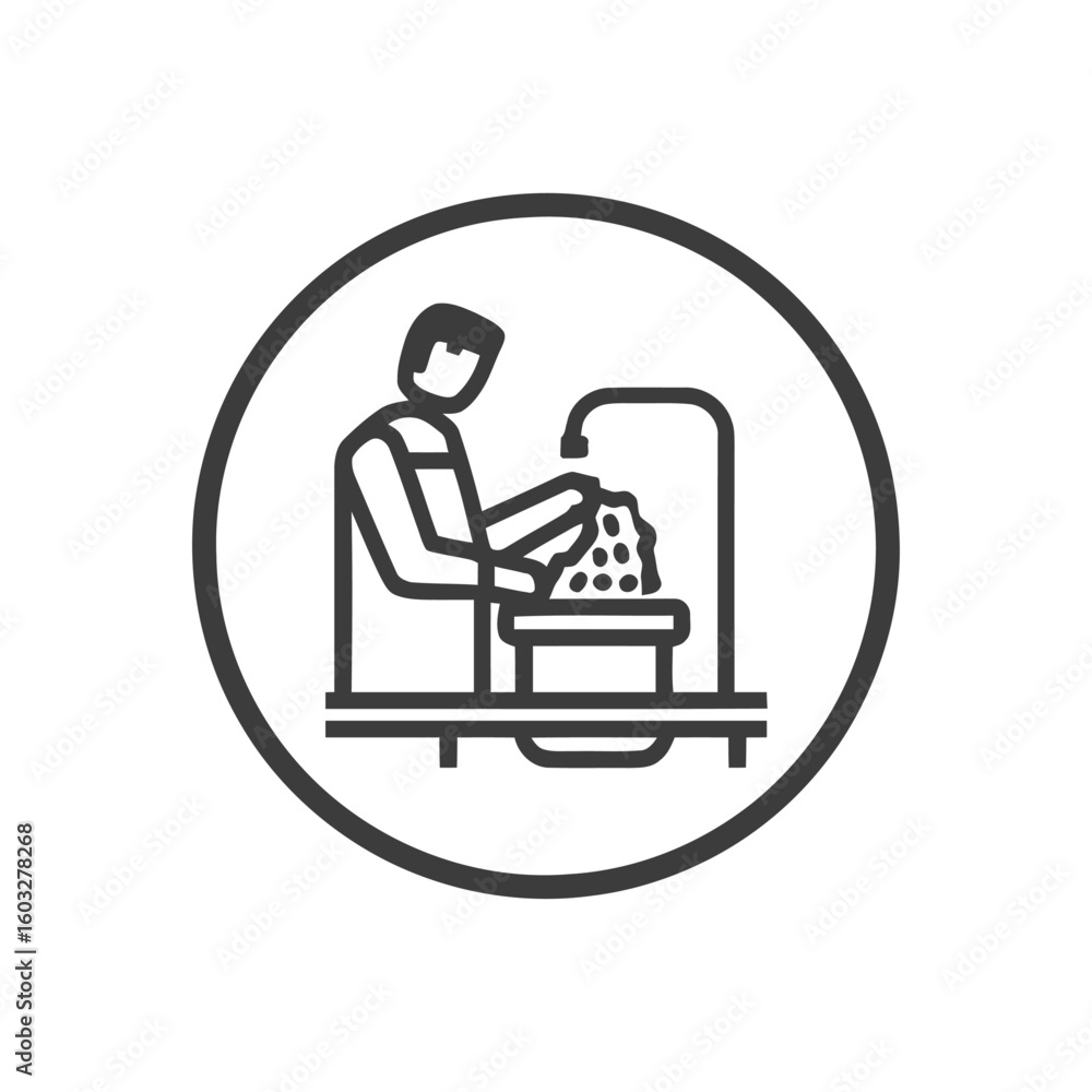 Monochrome Line Art Icon: Person Washing Hands or Dishes in a Sink, Emphasizing Hygiene and Cleanliness Monochrome Line Art Icon: Person Washing Hands or Dishes in a Sink, Emphasizing Hygiene and Cleanliness
