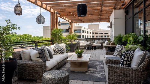 Terrace with rattan furniture, neutral cushions, and a pergola with pendant lights