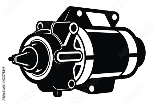 Black and White Vector Graphic of a Car Starter Motor Isolated Design