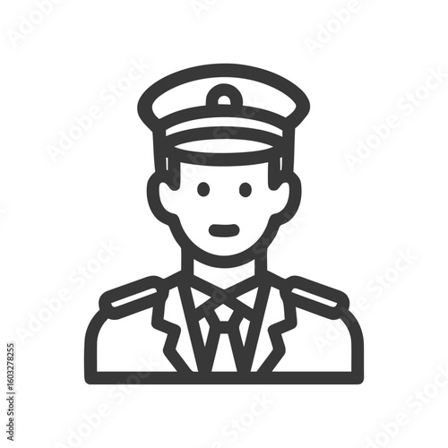 Minimalist Line Art Icon of Male Pilot or Captain in Uniform with Peaked Cap and Epaulets