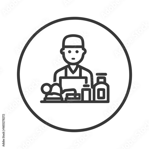 Minimalist Line Icon of Barista or Shop Assistant with Laptop and Products in Circle