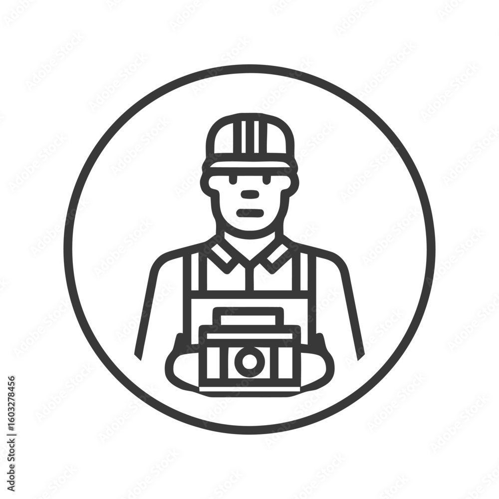 Obraz premium Minimalist Line Art Icon of Construction Worker with Toolbox in Circle