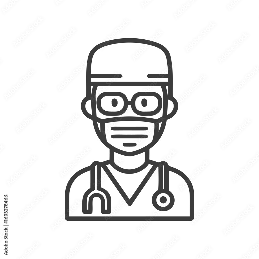 Outline Doctor Icon with Face Mask, Glasses, and Stethoscope for Healthcare Design Outline Doctor Icon with Face Mask, Glasses, and Stethoscope for Healthcare Design