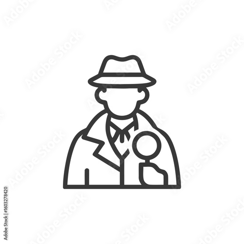 Modern Line Art Icon of a Detective Holding a Magnifying Glass, Symbolizing Investigation and Mystery