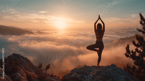 Woman doing yoga on a mountain at sunrise Tree pose, foggy background, warm tones, shot