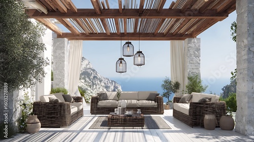 Terrace with rattan furniture, neutral cushions, and a pergola with pendant lights