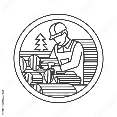 Skilled Woodworker Crafting Timber in a Minimalist Line Art Emblem