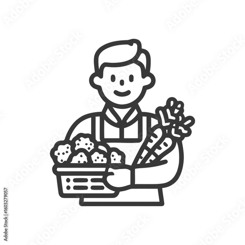 Happy Farmer Holding Fresh Carrots and a Basket of Produce, Minimalist Line Icon