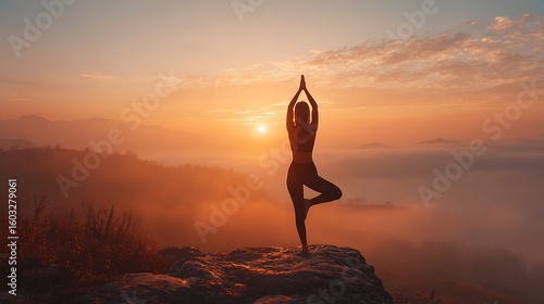 Woman doing yoga on a mountain at sunrise Tree pose, foggy background, warm tones, shot