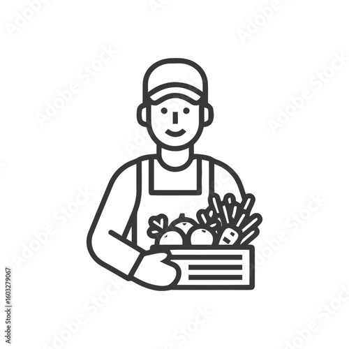 Friendly Farmer with a Crate of Fresh Harvest Vegetables, Line Art Icon