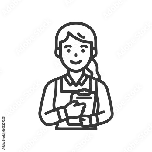Smiling Female Worker with Clipboard, Professional Service Line Art Icon