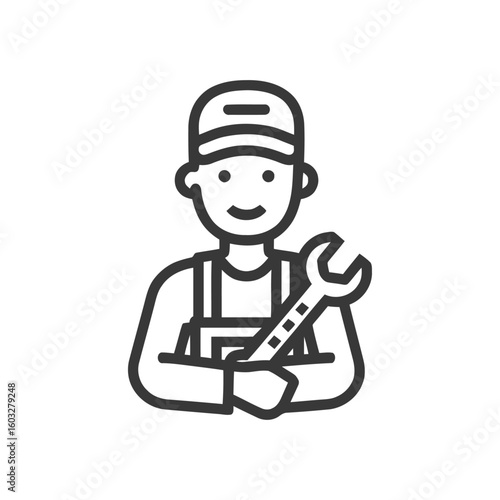 Friendly Mechanic with Wrench, Minimalist Line Art Icon for Service