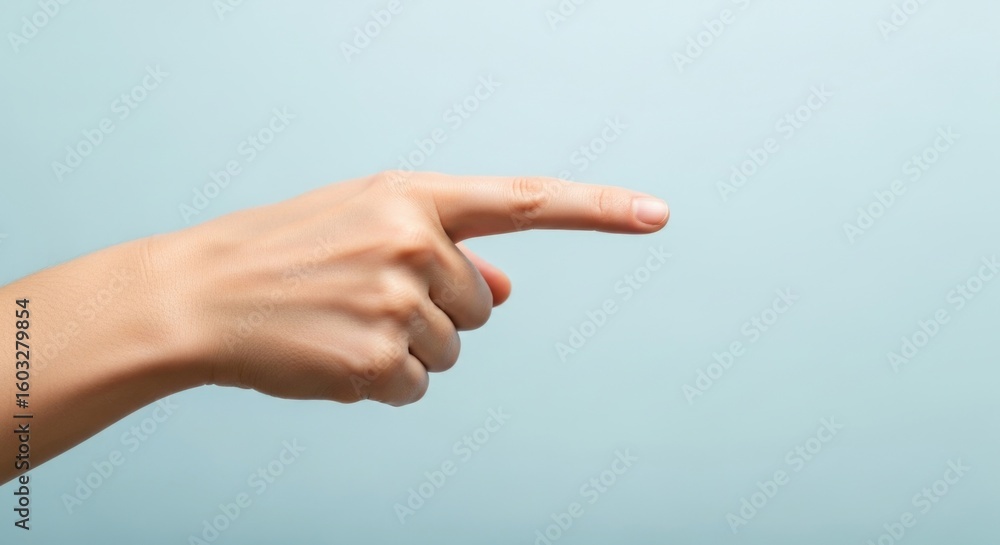 Adult caucasian female hand pointing on blue background Adult caucasian female hand pointing on blue background