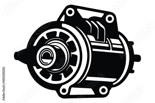Black and White Illustration of a Car Starter Motor Component System Silhouette