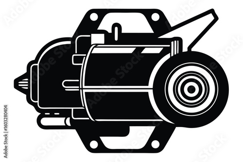 Automotive starter motor in vector format showing the solenoid, and armature component