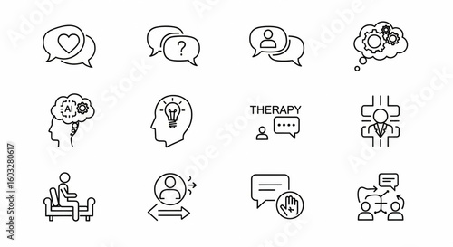 AI Emotional Dialogue Line Icon Set – Conversation, Empathy, Support Chat, Feedback, Identity, Therapy Vector

