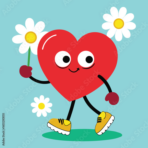 Cheerful red heart character walking with daisies on blue background daisy flower