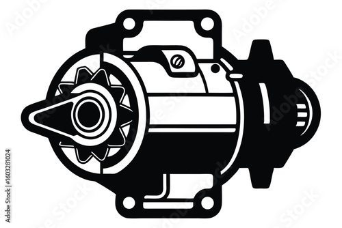 Black and White Vector Graphic Illustration of an Automotive Starter Motor Component Detail