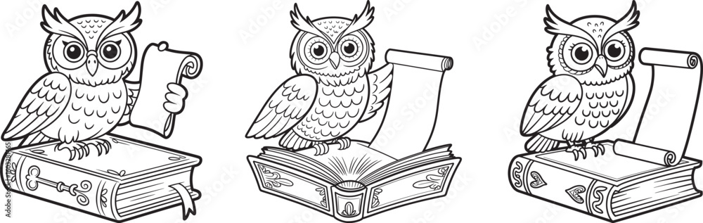 Naklejka premium Three cartoon owls with scrolls and books black and white illustration reading knowledge