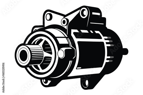 Black and White Graphic Illustration of an Automotive Starter Motor Component Part