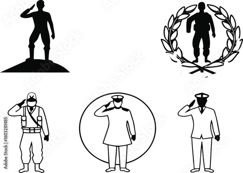 Military Salute Icon Set Featuring Soldiers and Officers in Uniform