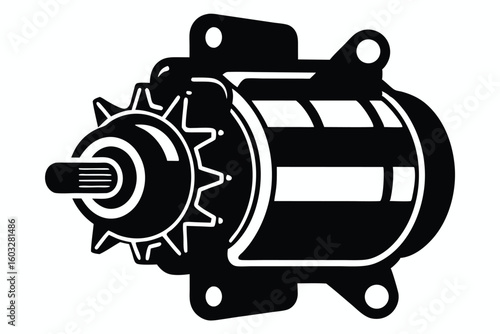 Automotive Starter Motor with Gear and Mounting Flange Black Vector Illustration