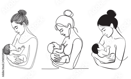 Three mother and baby breastfeeding line art illustrations infant nursing