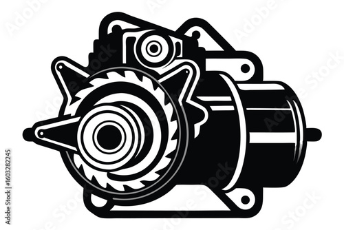 Black and White Graphic Image of an Intricate Mechanical Component Illustration Art