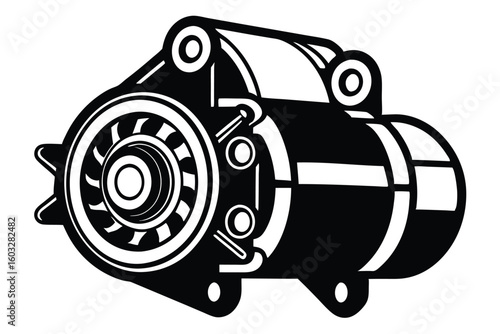 Black and White Illustration of a Starter Motor for an Internal Combustion Engine