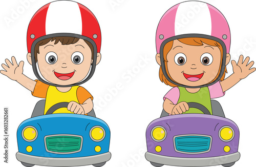 Cute cartoon children driving toy cars, wearing colorful helmets, waving hands, smiling faces, fun and safety theme, playful vector illustration