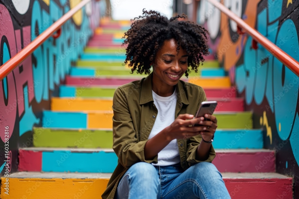 Fototapeta premium Modern African American woman accessing online bank account on mobile phone while sitting on colorful street art stairway