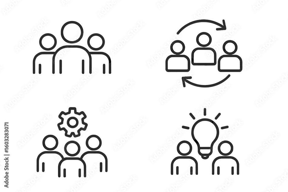 Teamwork outline icon set. Business collaboration and partnership concept. Group of people working together. Synergy, management, leadership, brainstorming and innovation. Teamwork outline icon set. Business collaboration and partnership concept. Group of people working together. Synergy, management, leadership, brainstorming and innovation.