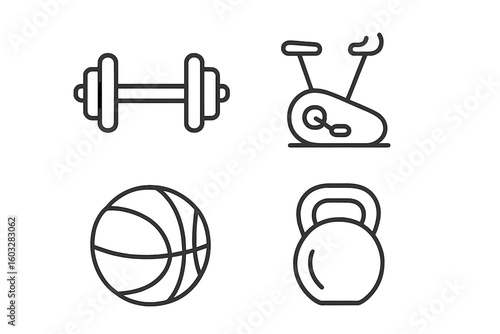 Sports and fitness line icon set. Collection of simple outline symbols for gym and workout concepts. Includes dumbbell, kettlebell, exercise bike, and basketball vector.