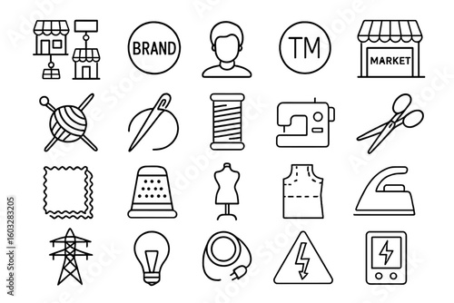 Business and industry line icon set. Concepts of retail, brand, fashion design, sewing, tailoring, and electricity. Vector outline symbols for franchise, market, and craft.