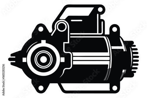 Black and White Illustration of a Car Starter Motor Component Diagram Shape