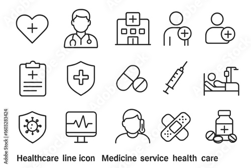 Healthcare line icon set. Medicine and medical service symbols. Health care, doctor, hospital, patient, treatment, first aid, pharmacy and emergency linear icons collection.