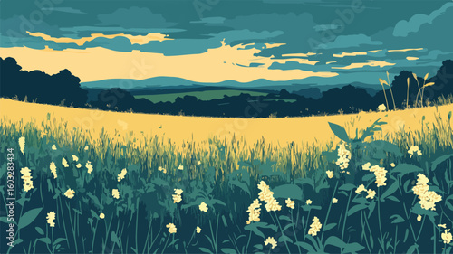 Vibrant Summer Meadow Landscape with Lush Green Grassland