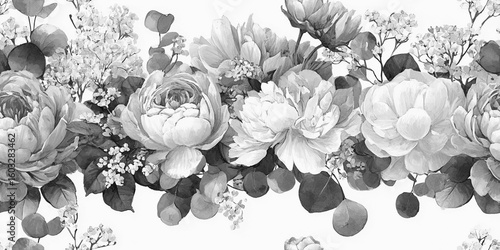 Black and white floral illustration of elegant tulips in a beautiful garden blossom Seamless Pattern 