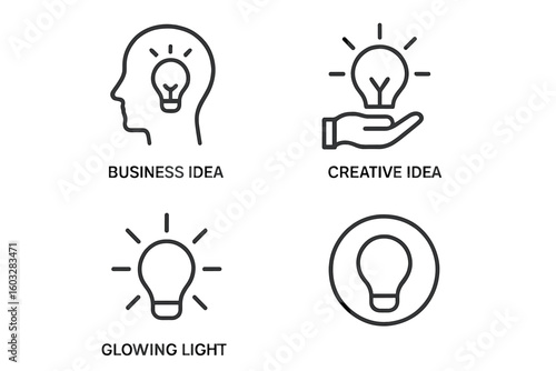 Idea line icon set. Business idea, creative solution, innovation concepts. Glowing light bulb in head and hand. Outline vector pictogram collection for web and apps.