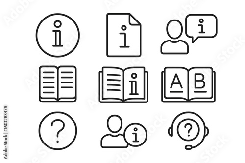 Information line icon set. Includes concepts like instruction, guide, manual, reference, dictionary, help, support, and FAQ. UI/UX outline vector graphic elements.