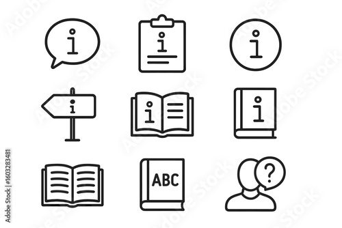 Information line icon set. Help, support, and guide symbols. Instruction manual, reference book, dictionary, and FAQ pictogram collection. Outline vector icons.