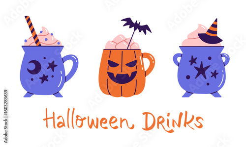 Set of three Halloween cocktail drinks in spooky mugs isolated on white background. Flat vector illustration of Witch's cauldron and Jack-o'-lantern cups for web banner, menu, or sticker design.